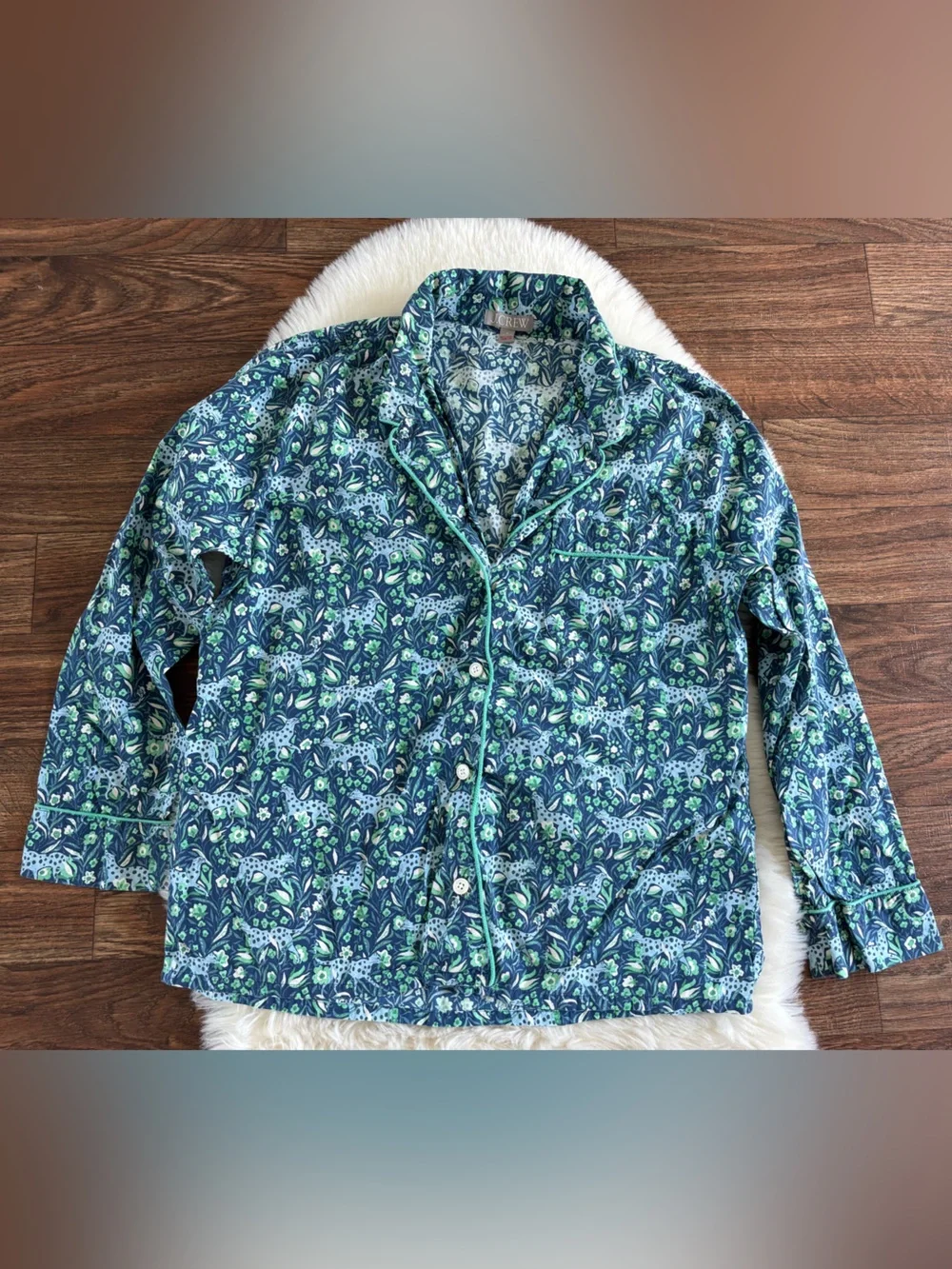 J.Crew Fauna Floral Blue Spotted Leopard Cotton Poplin Pajama Set Medium